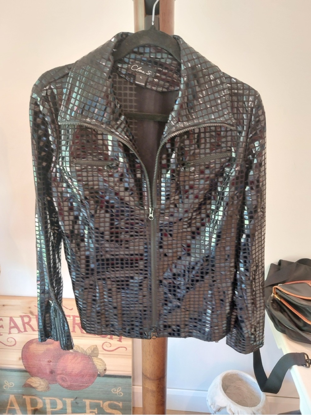 CLARA SUNWOO Black Reflective Grid-Pattern Zip Bomber Jacket